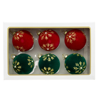Thumbnail 1: Kurt Adler 6 Pc. Flocked Red & Green Gold Snowflakes Ball Ornaments Set 