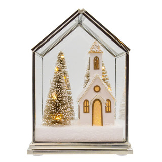 Thumbnail 1: Kurt Adler  LED Lighted Glass Lampshade House With Small Church & Tree 