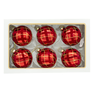 Thumbnail 1: Kurt Adler 6 Pc. Flocked Red With Gold Glittered Design Ball Ornaments 