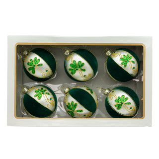 Thumbnail 1: Kurt Adler 6 Pc. Flocked Green & White With Shamrocks Ball Ornaments 