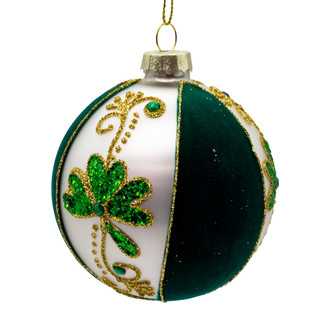 Thumbnail 5: Kurt Adler 6 Pc. Flocked Green & White With Shamrocks Ball Ornaments 