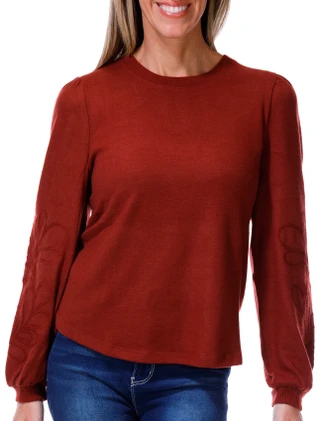 Thumbnail 1: Democracy Women's Long Embroidered Sleeve Crew Neck Sweater 