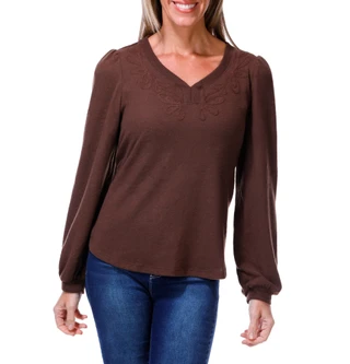 Thumbnail 1: Democracy Women's Long Sleeve Embroidered Sweetheart Neck Sweater 