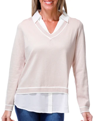 Thumbnail 1: Adrianna Papell Women's Long Sleeve V Neck Layered Sweater 