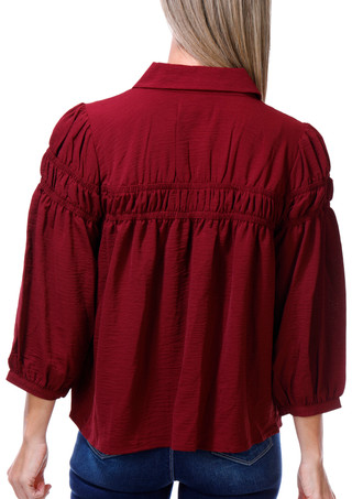 Thumbnail 2: BOBEAU Women's 3/4 Sleeve Button Down Shirred Swing Top 