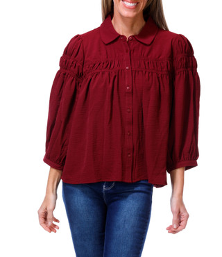 Thumbnail 1: BOBEAU Women's 3/4 Sleeve Button Down Shirred Swing Top 
