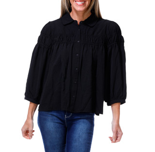 Thumbnail 1: BOBEAU Women's 3/4 Sleeve Button Down Shirred Swing Top 