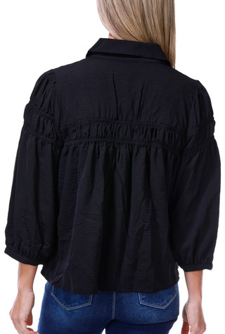 Thumbnail 2: BOBEAU Women's 3/4 Sleeve Button Down Shirred Swing Top 