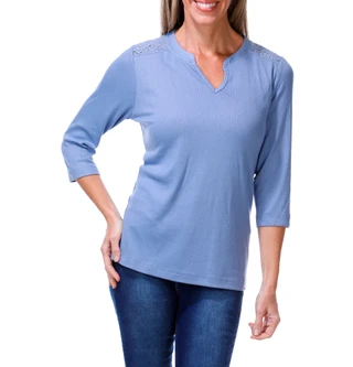 Thumbnail 1: Lands End Women's 3/4 Sleeve Ribbed Collared Henley 