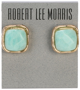 Thumbnail 1: ROBERT LEE MORRIS Gold Tone Aqua Stone Square Stud Earrings 