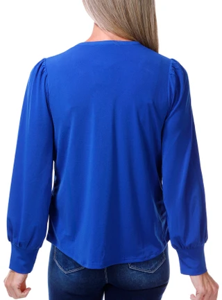 Thumbnail 2: Adrianna Papell Women's Long Sleeve Split Neck Smocked Shoulder Top 