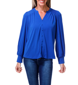 Thumbnail 1: Adrianna Papell Women's Long Sleeve Split Neck Smocked Shoulder Top 