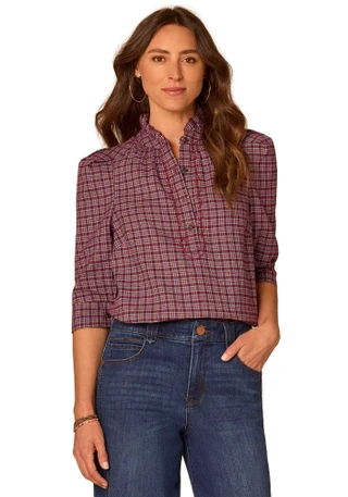 Thumbnail 1: Democracy Women's 3Q Sleeve Ruffle Neck Woven Top 