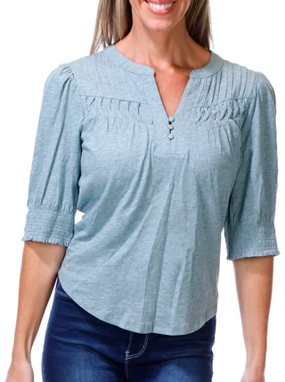 Thumbnail 1: Democracy Women's Petite Elbow Sleeve Mandarin Neck Pintuck Top 