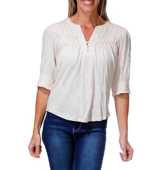 Thumbnail 1: Democracy Women's Petite Elbow Sleeve Mandarin Neck Pintuck Top 