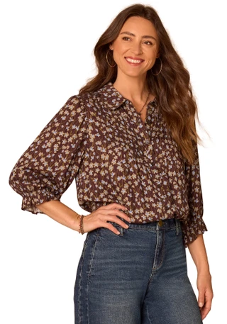 Thumbnail 1: Democracy Women's 3Q Sleeve Button Down Woven Top 