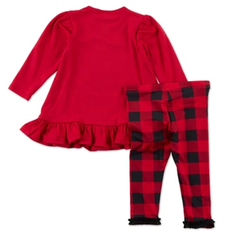 Thumbnail 2: Bonnie Baby Baby Girls 2 Pc Christmas Santa Face & Plaid Pants Set 