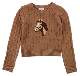 Thumbnail 1: No Comment Big Girls Horse Embroidered Cable Knit Sweater 