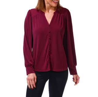 Thumbnail 1: Adrianna Papell Women's Long Sleeve Smocked Shoulder Split Neck Top 