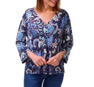 Thumbnail 1: Zac & Rachel Women's 3/4 Sleeve Printed V-Neck Half Button Top 