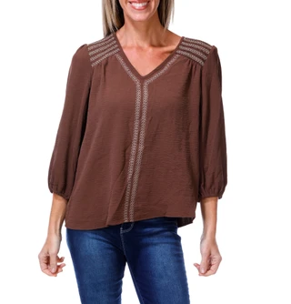 Thumbnail 1: BOBEAU Women's 3/4 Sleeve Embroidered Front V Neck Top 