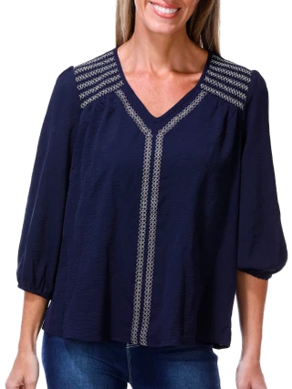Thumbnail 1: BOBEAU Women's 3/4 Sleeve Embroidered Front V Neck Top 