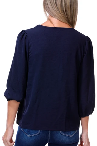 Thumbnail 2: BOBEAU Women's 3/4 Sleeve Embroidered Front V Neck Top 