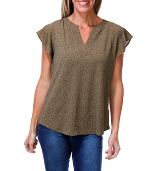 Thumbnail 1: Adrianna Papell Women's Short Sleeve Printed Split Neck Top 