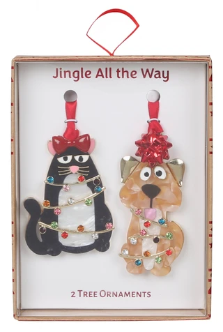Thumbnail 1: . Rhinestone & Faux Pearl Cat & Dog Christmas Ornaments in Box 