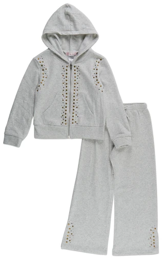 Thumbnail 1: Love Squared Girls Girls 2 Pc Studded Fleece Zip Up Hoodie & Wide Leg Pants Set 