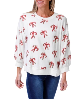 Thumbnail 1: Magical Season Women's Long Sleeve Crew Christmas Candy Canes Sweater  