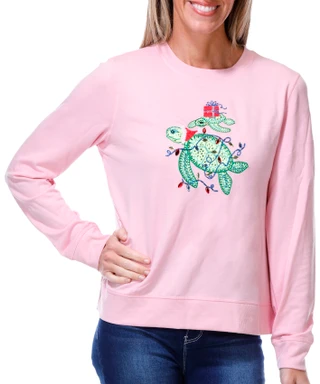 Thumbnail 1: Coral Bay Women's Petite Long Sleeve Festive Christmas Turtle Sweater 
