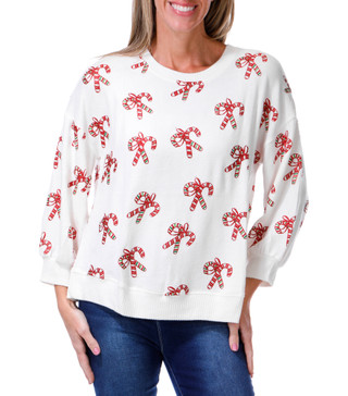 Thumbnail 1: Magical Season Women's Petite Long Sleeve Crew Christmas Candy Cane Sweater 