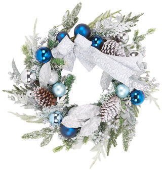 Thumbnail 1: Supreme Silk 26 in Silver Ornament Pine Cone and Ribbon Christmas Wreath 