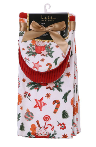 Thumbnail 2: Nicole Miller 4 Pc Christmas Mini Oven Mitts and Kitchen Towel Set  