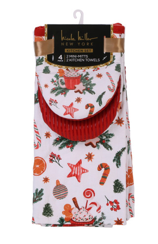 Thumbnail 1: Nicole Miller 4 Pc Christmas Mini Oven Mitts and Kitchen Towel Set  