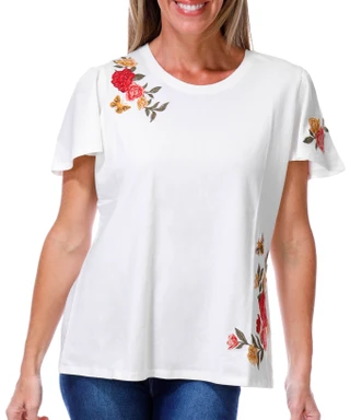 Thumbnail 1: Driftwood Women's Short Puff Sleeve Embroidered Tee  