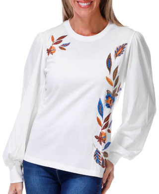 Thumbnail 1: Driftwood Women's Long Sleeve Embroidered Feather Top 