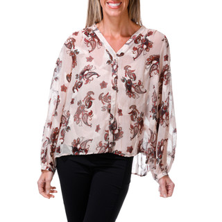 Thumbnail 1: BOBEAU Women's Long Sleeve Paisley Print Button-Front Top 