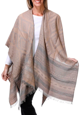 Thumbnail 1: FRYE Women's Tribal Print Ruana Wrap with Fringe Trim 