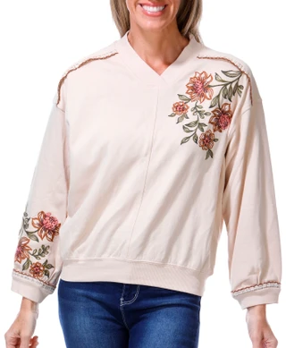Thumbnail 1: Democracy Women's Petite Long Bubble Sleeve Embroidered Sweatshirt  