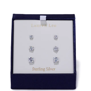 Thumbnail 1: Lauren Lee 3 Pk Silver Tone Crystal Stud Earrings Set 