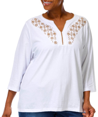 Thumbnail 1: Coral Bay Plus 3Q Sleeve Decorative Stitch Split Neck Top 