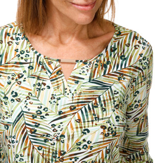 Thumbnail 2: Coral Bay Women's 3Q Sleeve Leaf & Cheetah Print Keyhole Top 