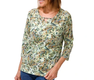 Thumbnail 1: Coral Bay Women's 3Q Sleeve Leaf & Cheetah Print Keyhole Top 