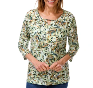 Thumbnail 1: Coral Bay Petite 3Q Sleeve Leaf & Cheetah Print Keyhole Top 
