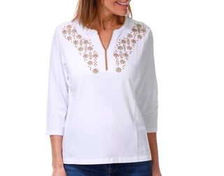 Thumbnail 1: Coral Bay Petite 3Q Sleeve Decorative Stitch Split Neck Top 