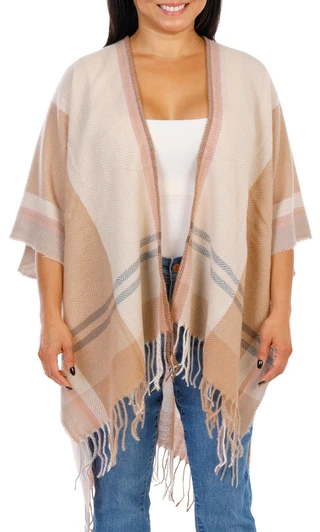Thumbnail 1: Vince Camuto Women's Plaid Ruana Wrap with Fringe Trim 