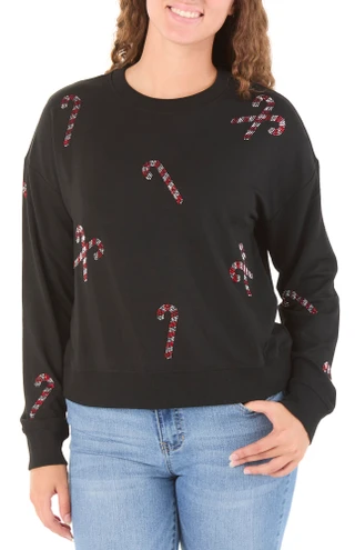 Thumbnail 1: Marled Juniors Christmas Crystal Candy Cane Print Pullover Sweater 