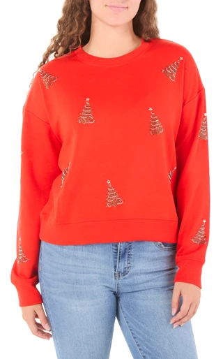 Thumbnail 1: Marled Juniors Crystal Christmas Tree Print Pullover Sweater 
